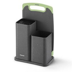 Zestaw 3w1 blok do noży, pojemnik do przyborów kuchennych i deska szary marmur Fissman