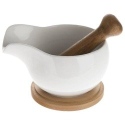 Moździerz biały ceramiczny ø11 cm z drewniana podstawką i tłuczkiem